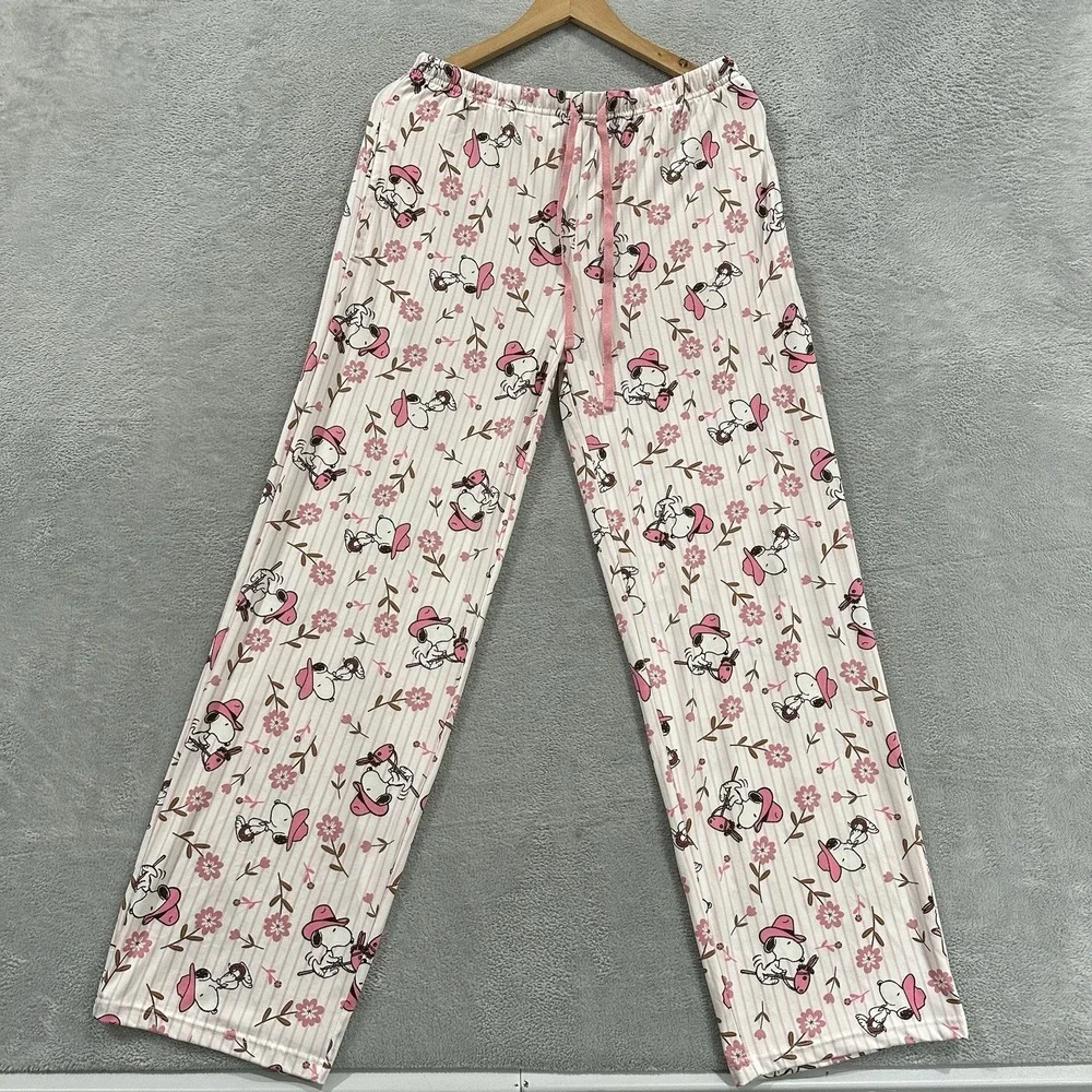 Peanuts Snoopy Pajama Pants Women Medium Lounge Sleepwear Drawstring Floral Pink
